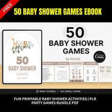 50 Baby Shower Games Ebook | 54-Page Printable Party Games Bundle with PLR Rights