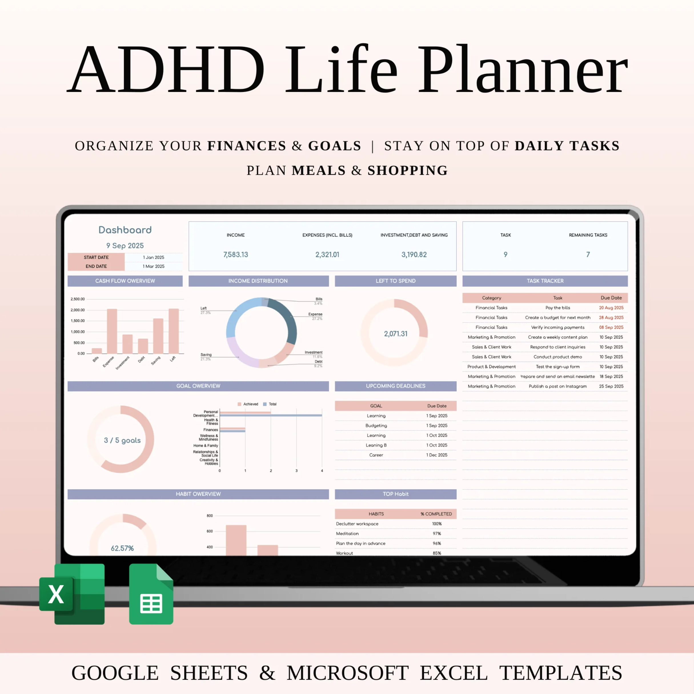 ADHD Planner Spreadsheet | All-in-One Google Sheets & Excel Productivity Template