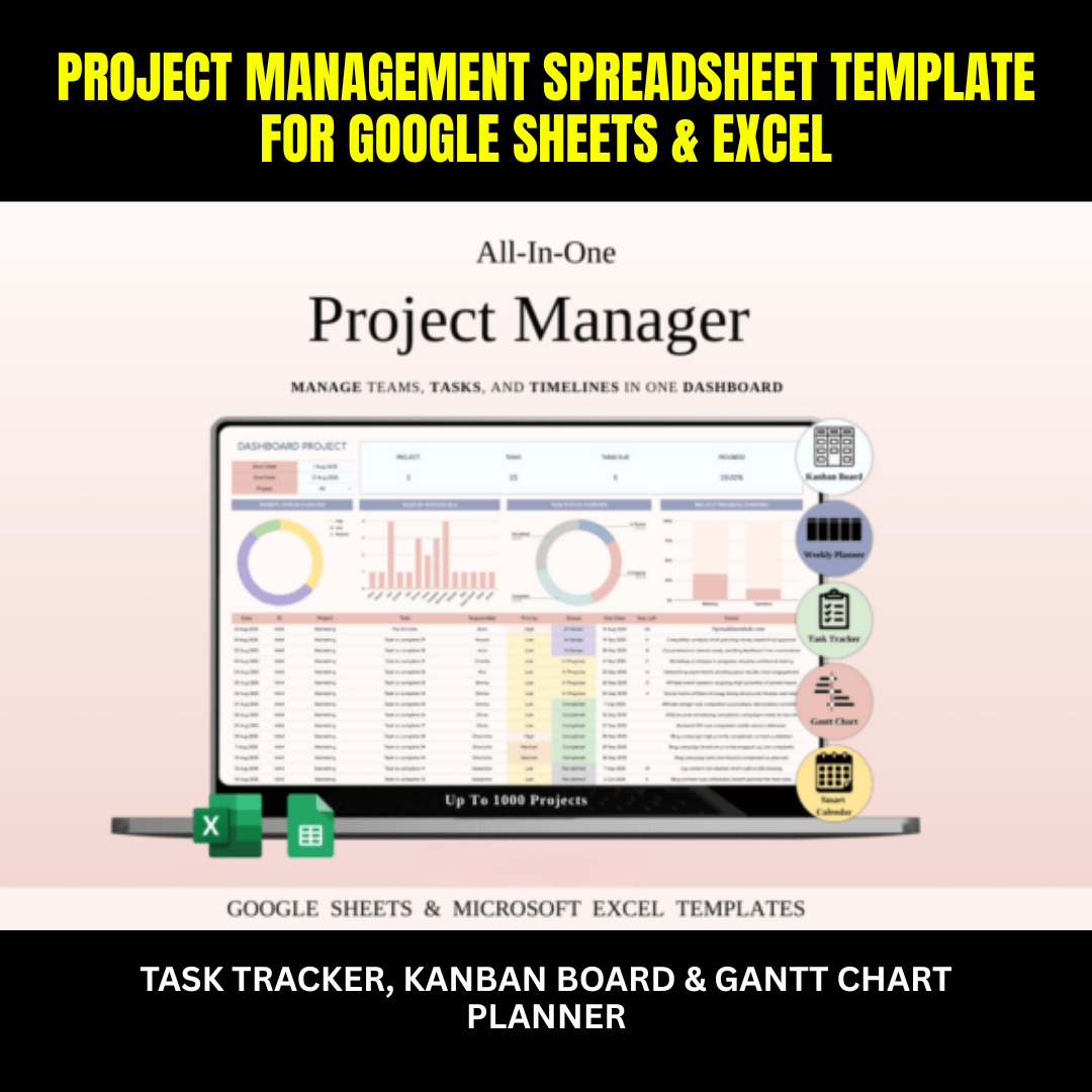 Project Management Spreadsheet | Kanban, Gantt Chart & Team Planner for Google Sheets & Excel