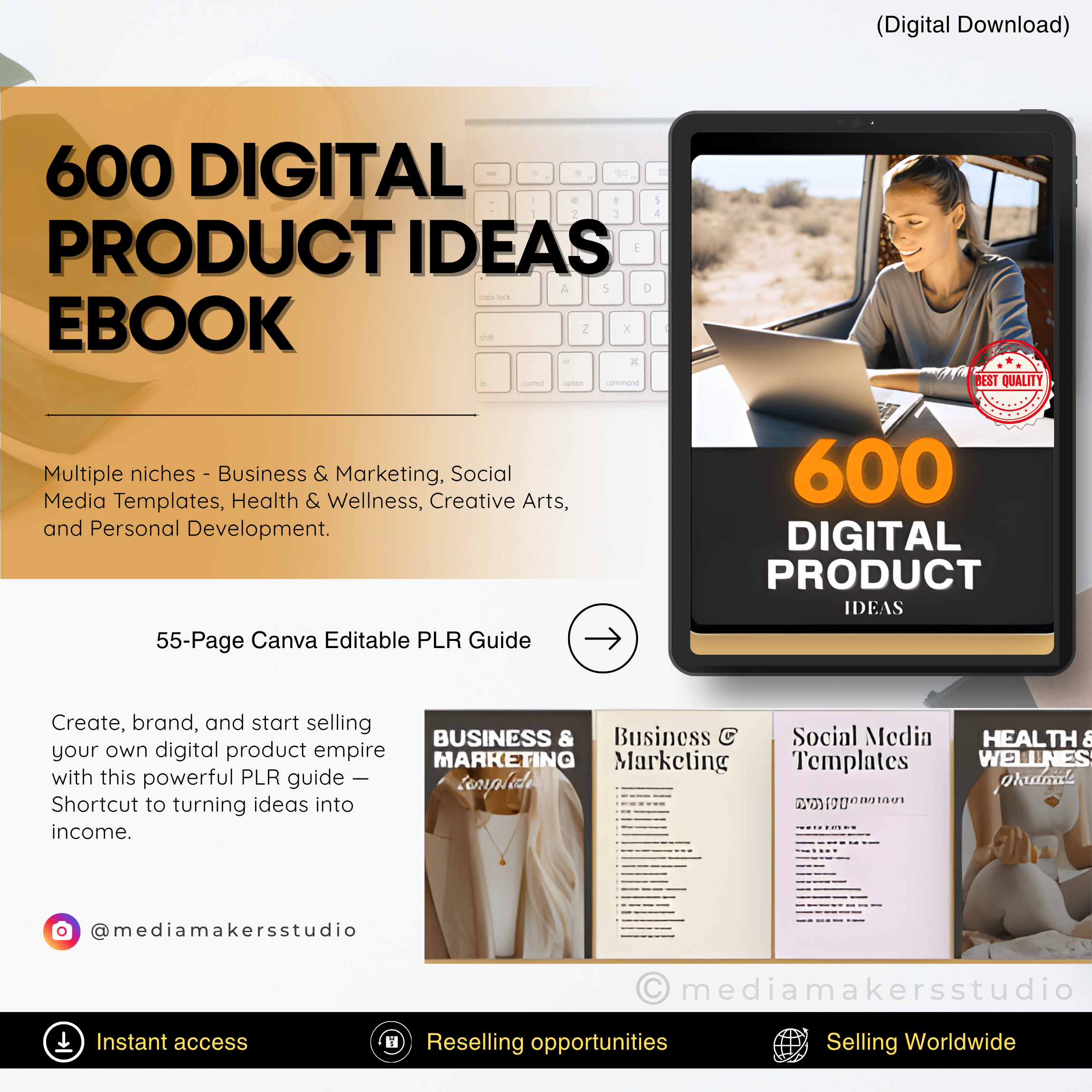 600+ Digital Product Ideas Ebook | 55-Page PLR Canva Template to Rebrand & Resell