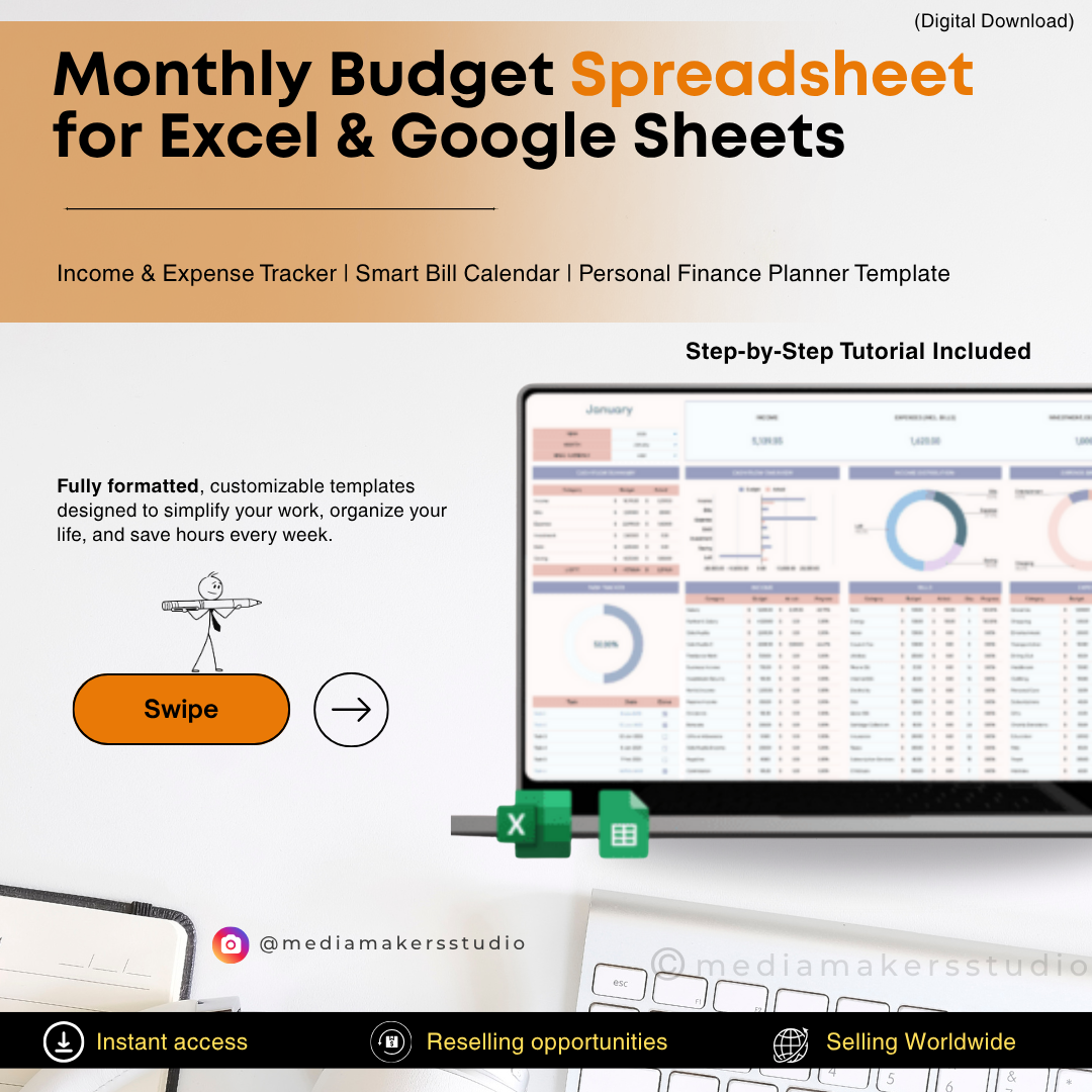 Monthly Budget Spreadsheet | Income, Expense & Debt Tracker for Excel & Google Sheets