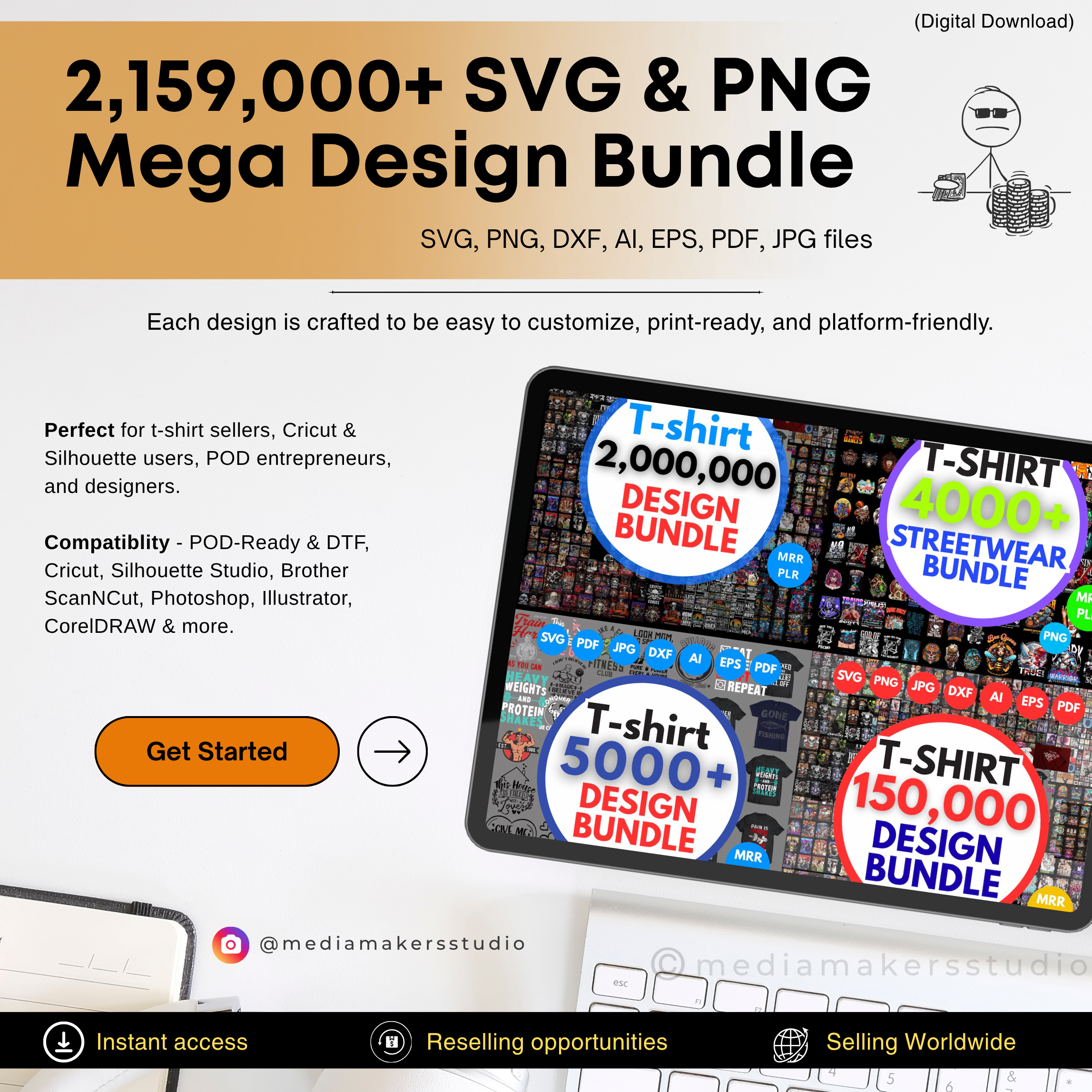 2.1 Million+ SVG & PNG Design Bundle | 153GB POD & Cricut Files with MRR & PLR Rights