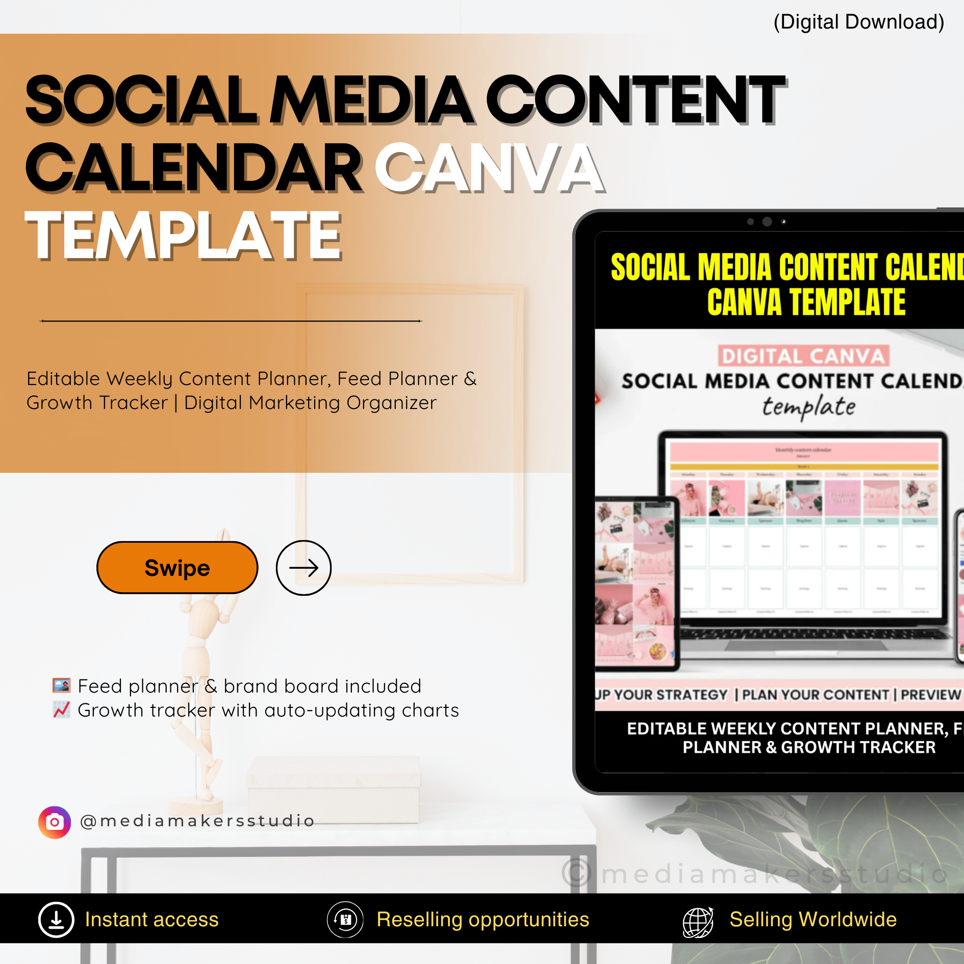 Social Media Content Calendar Canva Template | Feed Planner, Brand Board & Growth Tracker