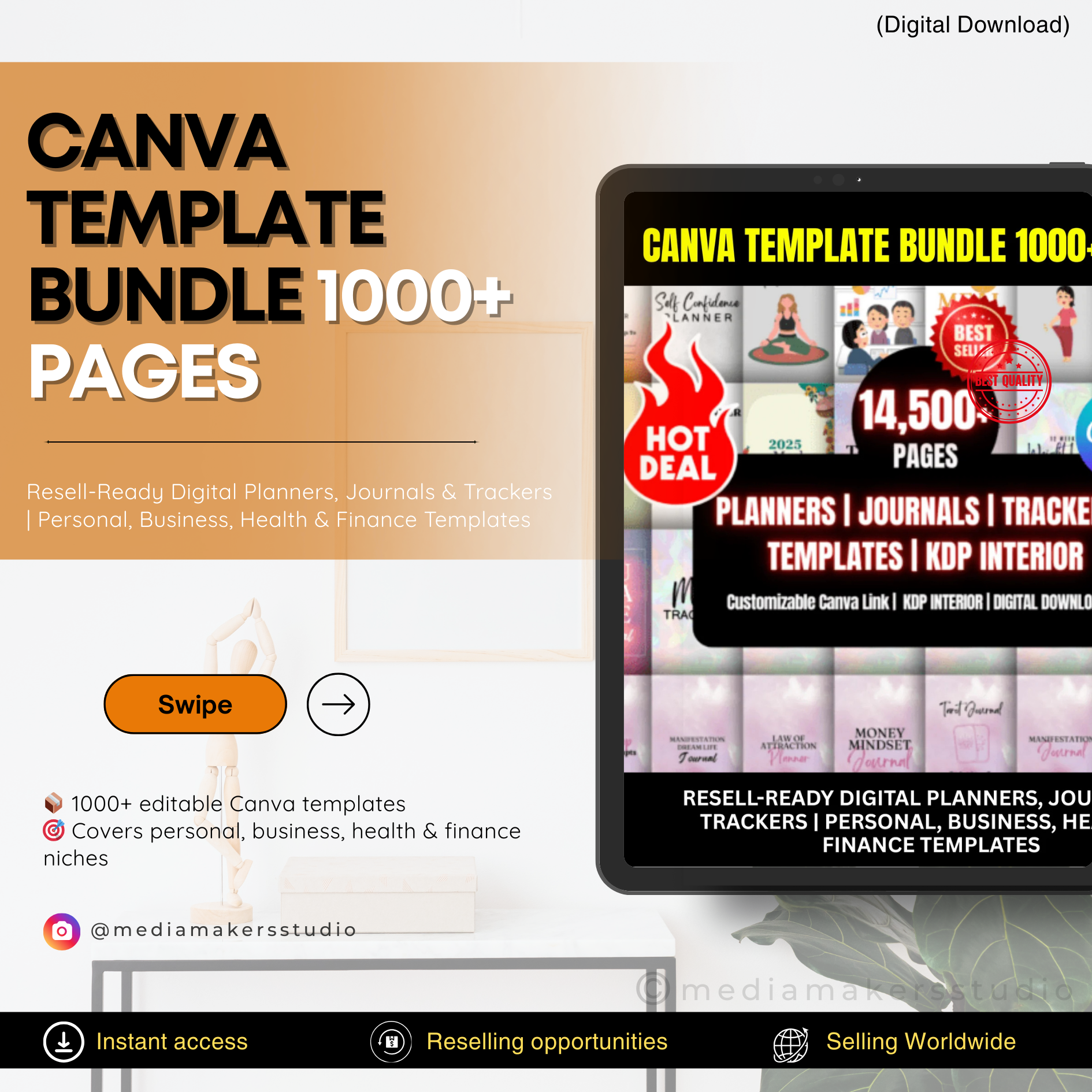 Canva Template Bundle 1000+ Pages | Resell-Ready Digital Planners, Journals & Trackers | Personal, Business, Health & Finance Templates