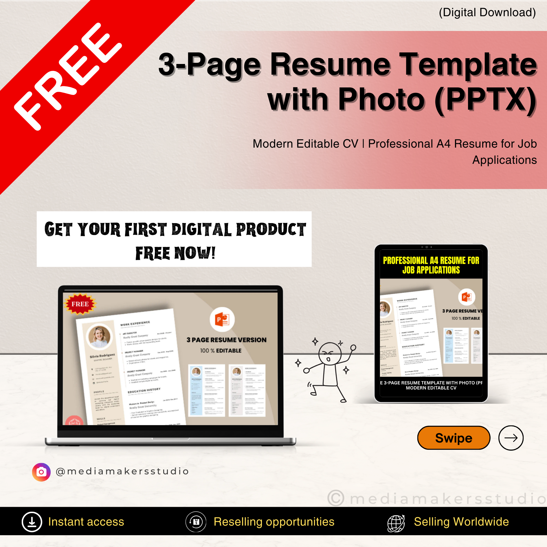 3-Page Professional Resume Template | Editable PowerPoint PPTX with Modern Layout