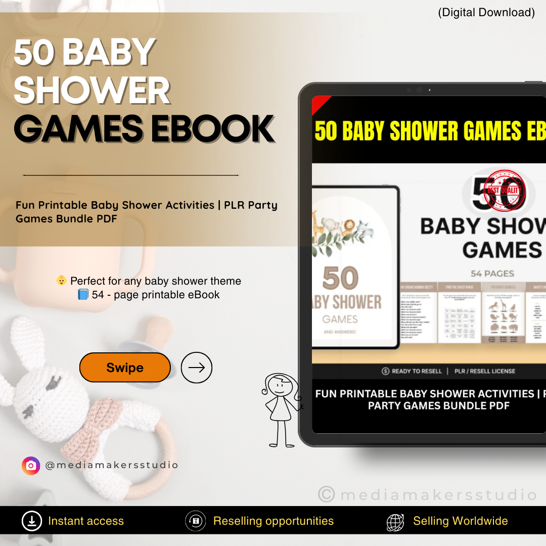 50 Baby Shower Games Ebook | 54-Page Printable Party Games Bundle with PLR Rights