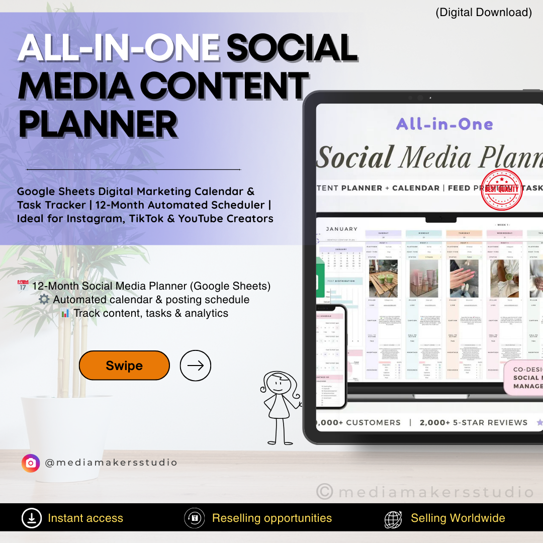 12-Month Social Media Planner Google Sheets | Content Calendar, Analytics & Scheduler